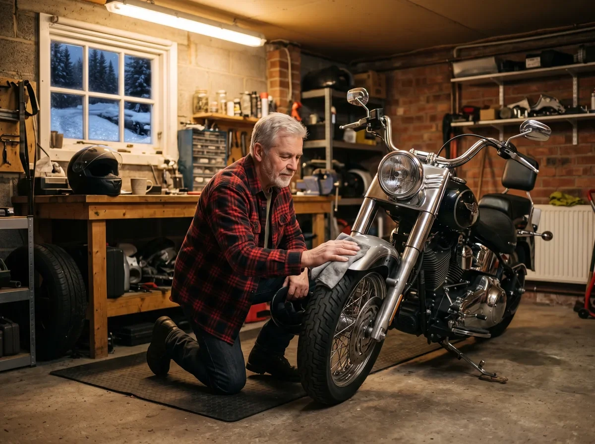 A rider polishing the chrome on a parked cruiser in a home garage on a winter evening, helmet on the workbench