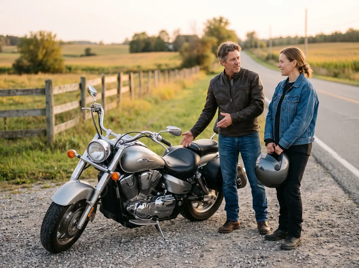 A rider briefing a passenger beside a parked cruiser at a rural road stop, helmets in hand, before a ride together