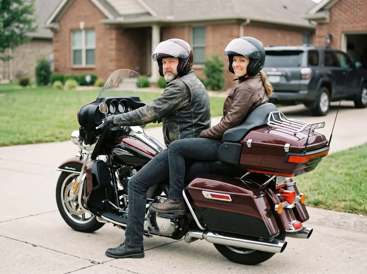 A couple in helmets seated together on a parked full-dress touring cruiser with a passenger backrest and top case