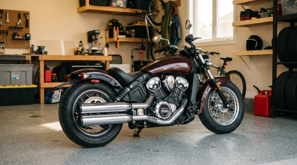Indian Motorcycle Chief cruiser in a garage setting, chrome detail, Ontario rider lifestyle