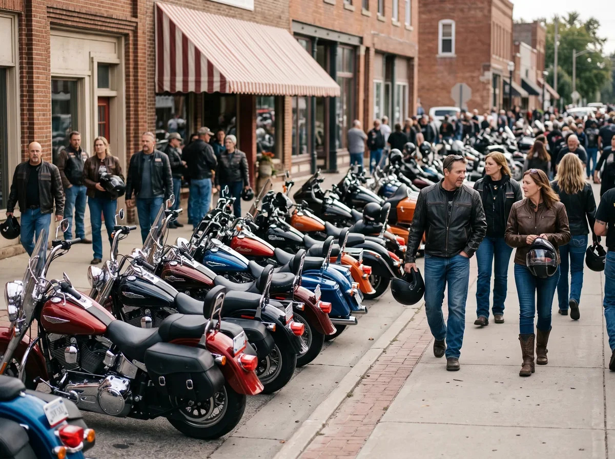 Motorcyclists walking among parked bikes during the rally