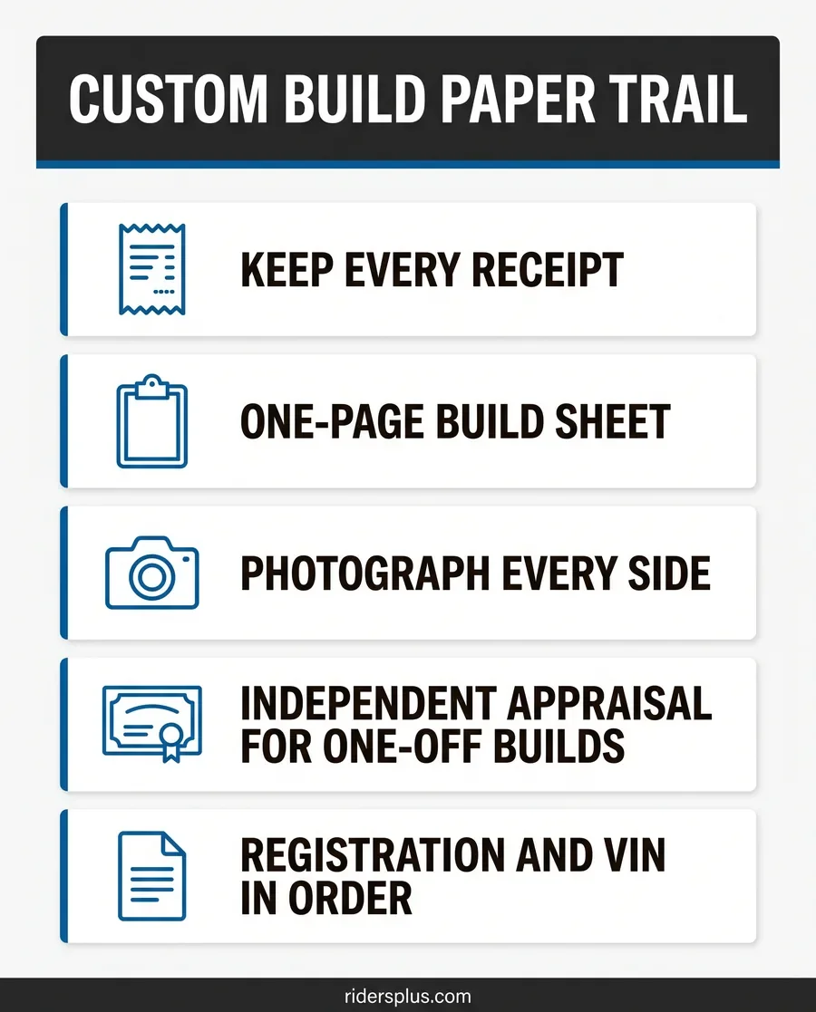 Infographic of the paper trail behind a custom build: receipts, build sheet, photos, appraisal, registration