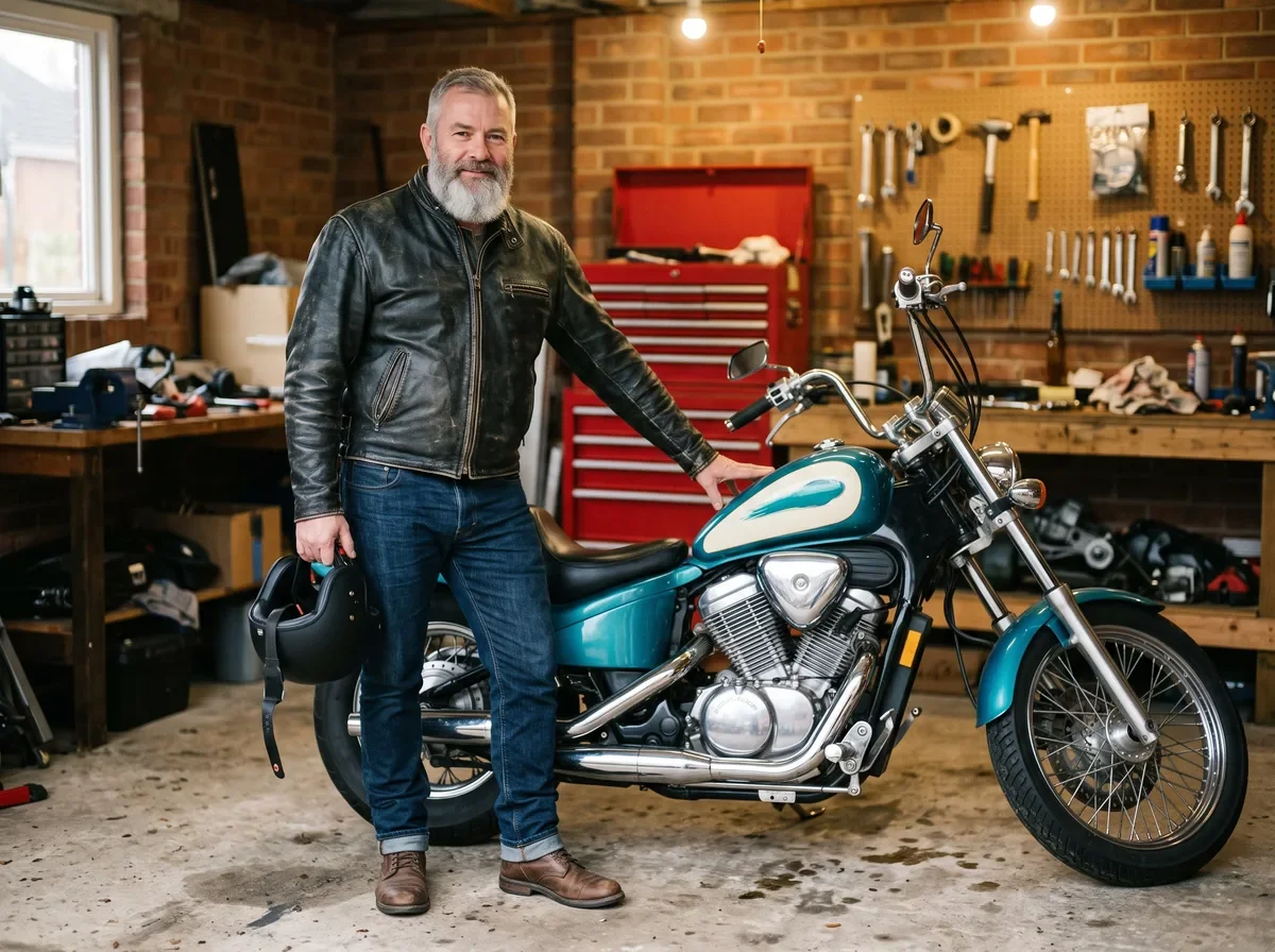 A custom built cruiser motorcycle with hand-painted tank in a home garage, where insurance value needs a real conversation
