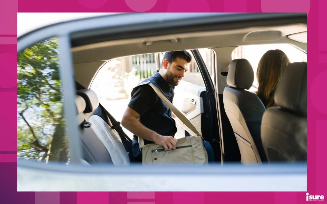 Handsome male passenger smiling and getting on a rideshare car while talking to the female driver - uber insurance